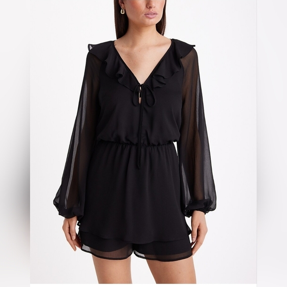 Express Ruffle Tie V-Neck Long Sleeve Romper Size Large - Picture 2 of 14